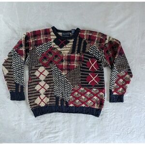 VTG Northern Isles‎ Mixed Print Sweater Men's Sz L Plaid Grandpa Cabincore Cosby